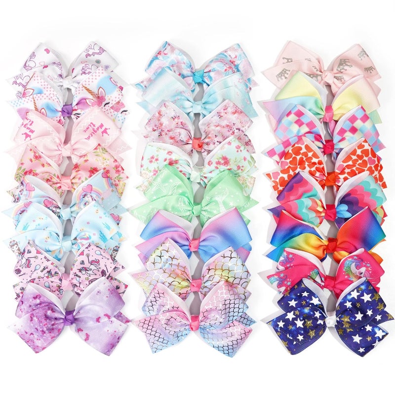 CellElection 24PCS 4.5Inch Bows for Girls Boutique Grosgrain Ribbon Rainbow Hair Bow Alligator Hair Clips Pigtail Bows Unicorn Hair Clips for Baby Girls Toddler Kids Children Teens - Image 1